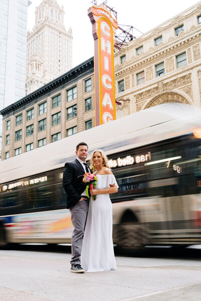 Wedding portrait in front of the Chicago Theater