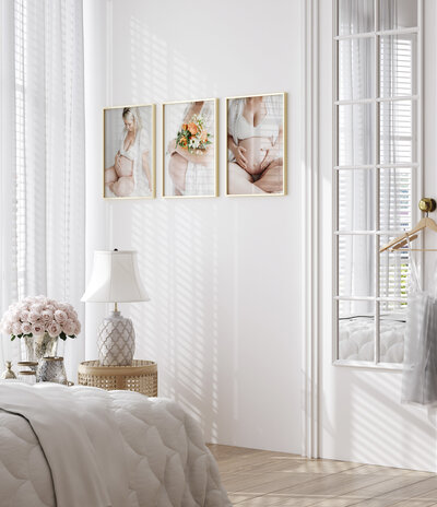 Framed maternity portraits displayed as a triptych on a bedroom wall, styled as heirloom artwork from a Kansas City maternity photography session.