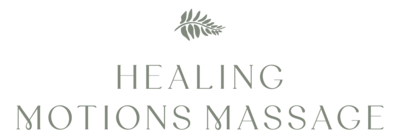 Sans serif font with words "Healing Motions Massage" and a fern illustration