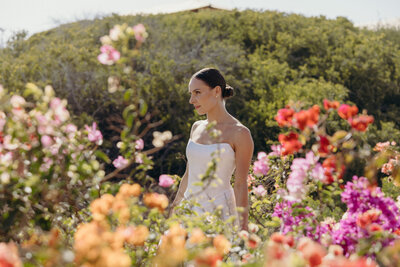 Brida portraits with floral background Todos Santos Cabo wedding