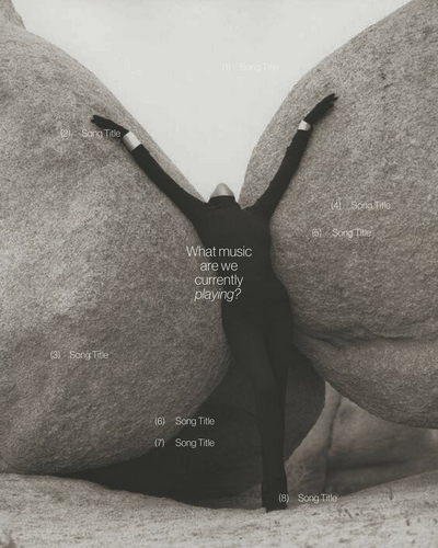 Black and white social media graphic for Studio Herts by Studio Petita. A figure dressed in black leans dramatically between two large rocks with arms outstretched, overlaid with minimal typography listing song placeholders and the central text “What music are we currently playing?”.