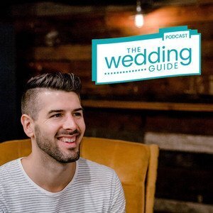 Male host smiling on "The Wedding Guide" podcast cover, focused on wedding planning advice for couples