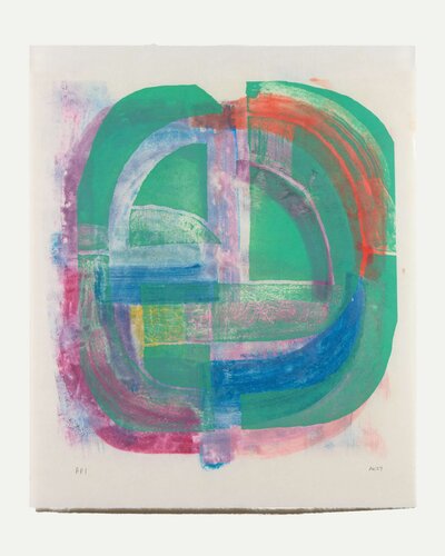 'Spiral Variée: Vernal' by Anna Kunz – a monotype with soap ground and sugar lift etching on sekishu paper, measuring 26 x 22 inches.