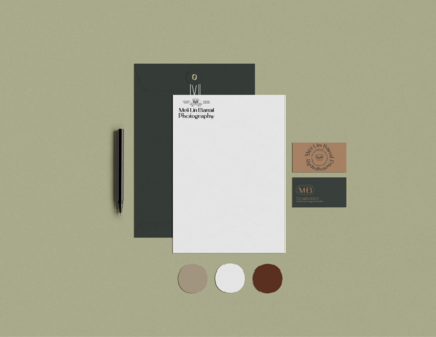 Stationery mockup with Mei Lin's logos.