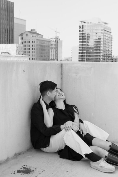 black and white city engagement portrait by Southern California wedding photographer