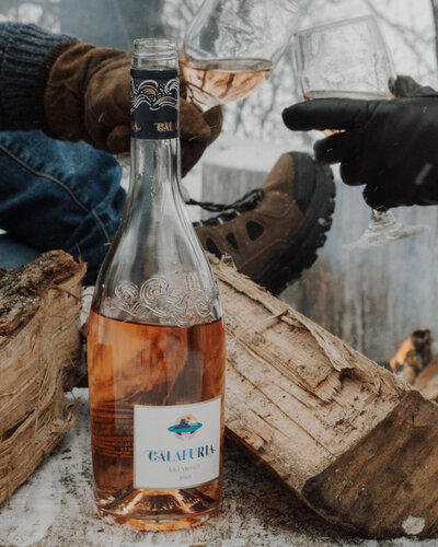 Calafuria in the Snow - Calafuria Rose Wine photographed by Gretchen Reese, The Wine & Whiskey Photographer
