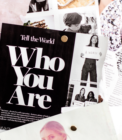 A collage featuring the bold phrase "Tell the World Who You Are" with black-and-white photos. One shows a person holding a sign reading "A weirdo," conveying individuality.