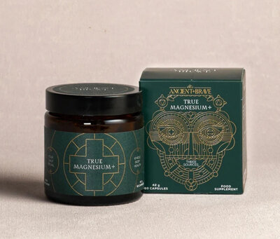 Pot of Ancient + Brave True Magnesium+ to support relaxation in midlife