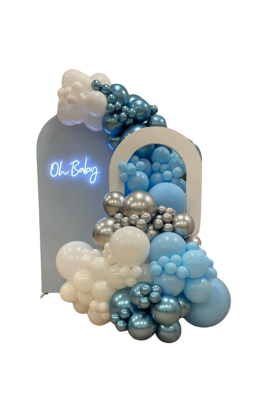 Organic garland with two backdrops and neon sign that says oh baby designed by Loononna, Orlando, FL