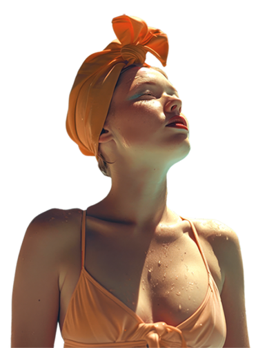 Femme yeux fermés et visage tourné vers le soleil, look vintage, maillot de bain et turban enveloppant ses cheveux pour illustrer la valeur d'introspection du Studio.