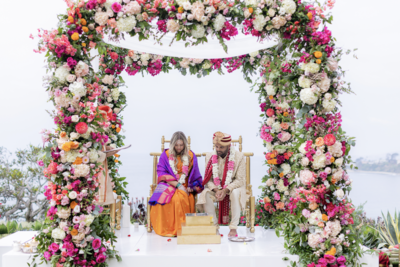 Bride and groom walk up memorial steps at their DC wedding
