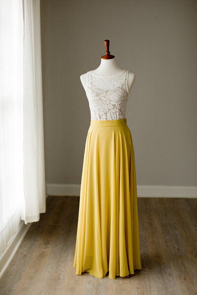 yellow maxi skirt and white lace tanktop