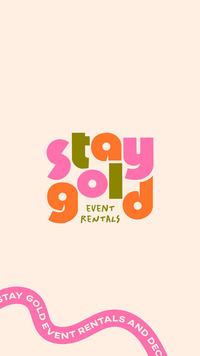 Stay Gold Event Rentals colorful logo on a cream background with a pink abstract shape