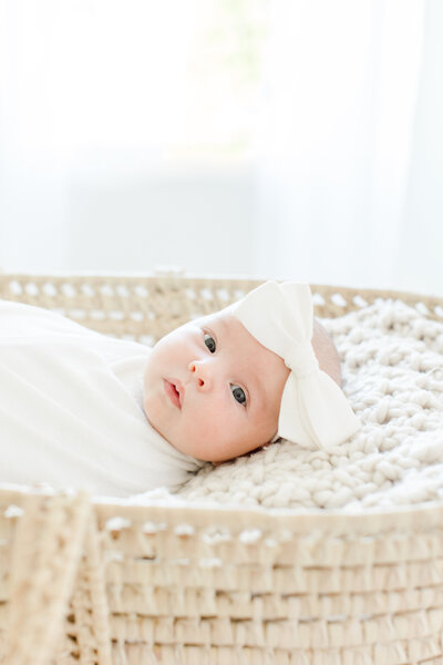Newborn  baby girl lays swaddled in a basket during newborn photography session