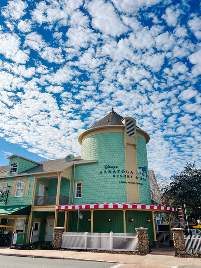 Walt Disney World Resort Saratoga Springs Front entrance with big blue sky