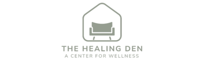 The Healing Den logo green outline of a home with green couch in the center with the words The Healing Den A Center for Wellness below it