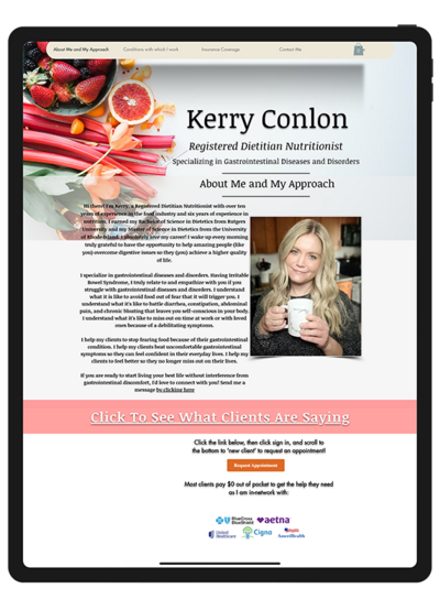 Website design for "Good Gut Nutritionist" before the refresh, showcasing the original layout and color scheme.