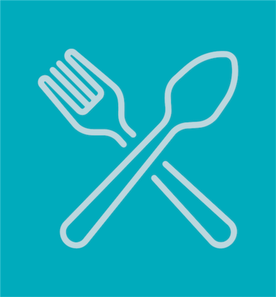 Fork and spoon icon on a teal background