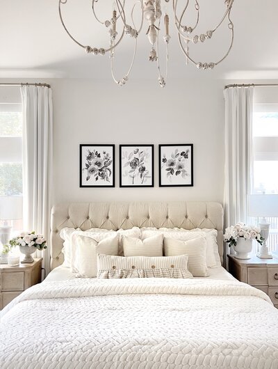 Bedroom space featuring MTH bedding set on a big white bed