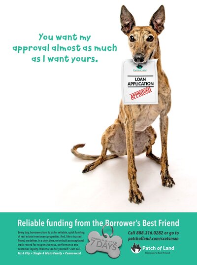 Greyhound dog holds loan papers in mouth in Patch of Land advertisement.