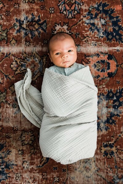 Newborn baby swaddled in a light blanket, lying on an ornate rug, captured during a photography mentoring program.