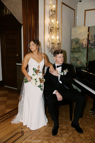 Bride and groom walk up memorial steps at their DC wedding