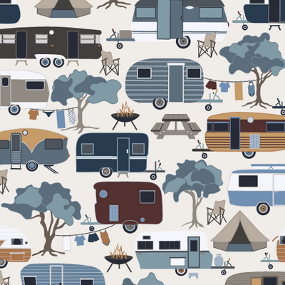 Caravan camping outdoors river Australian summer repeating surface design by Green Acre Designs