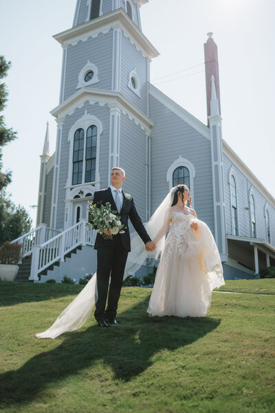 Bride and groom at Port Gamble chapel wedding in Port Gamble, WA