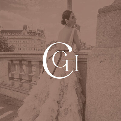 White logo over bride in dress for luxury brand design