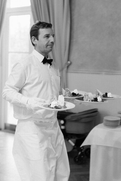 Luxury wedding in Europe – sophisticated bride in a modern wedding gown and groom in a timeless suit.
