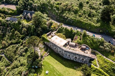 An aerial shot of the Fort showing the stretch marquee on the terrace