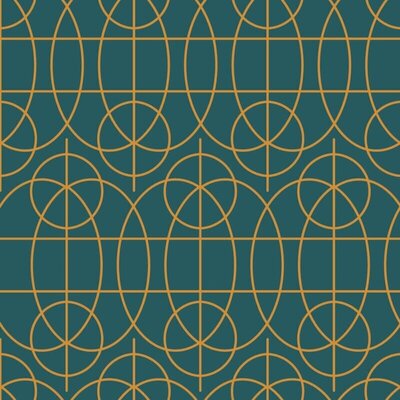 Geometric brand pattern featuring interlocking gold lines forming circles and ovals on a dark teal background