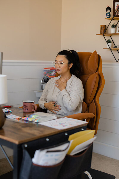 therapist taking a deep breath during Ashburn,VA branding photography