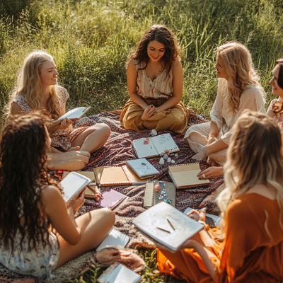A group of women outside in the sun sitting in a circle on a blanket