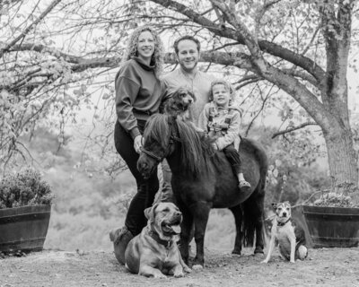 Family photograph with horse and dogs