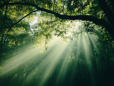 Sunlit forest canopy representing coming back to yourself and awakening through hypnosis