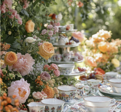 Garden party of flowers and tea