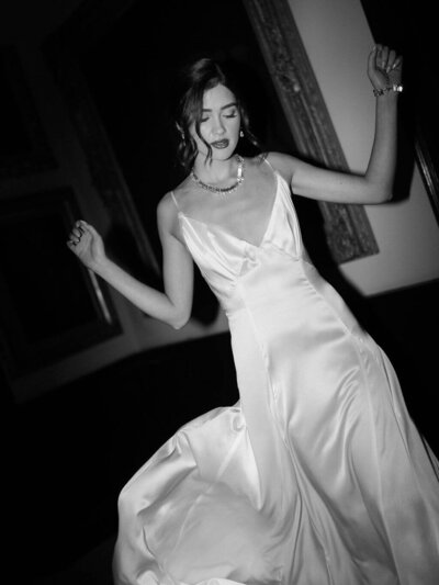 Black and white image of bride at Gosford Hall 