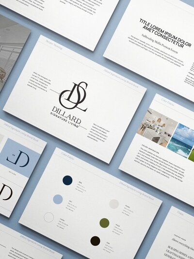Flat lay of Dillard Signature Living brand book showing visual identity system—logo rationale, color palette, brand tone, and image inspiration for custom coastal homes.