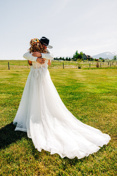 Bride first look with father at Homestead on McVey in Victor, MT