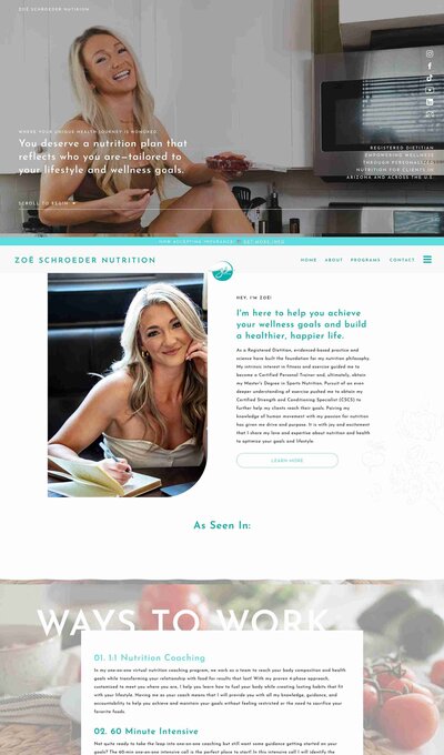Zoe Schroeder Nutrition website design by Unica Formo, featuring a woman happily cooking in a bright kitchen.