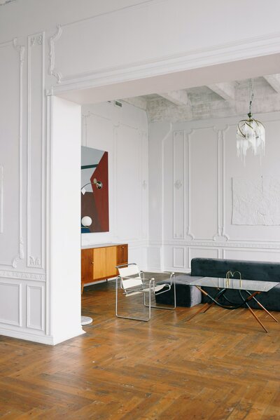 Greyhound stock poot of a modern interior with white walls and wood floors