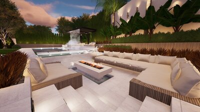 Luxury Backyard design with sunken fire pit area with tropical landscaping.
