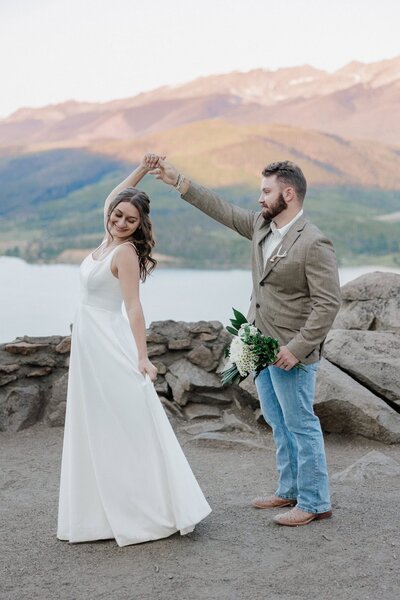 Wedding and Elopement Photography, Bride and groom dance during Colorado sunrise elopement.