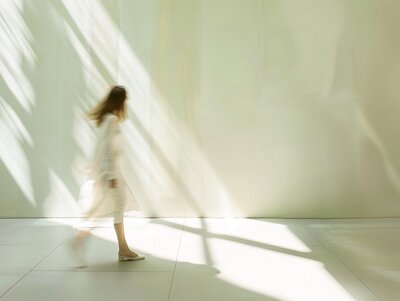an artistice illustration of a woman moving through a room blurry