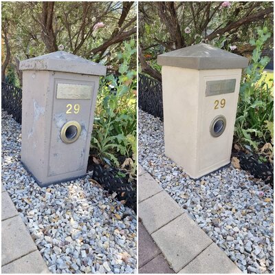 Repainted letterbox in a residential front yard by New-Style Painting Service, matching the home’s exterior colour scheme.