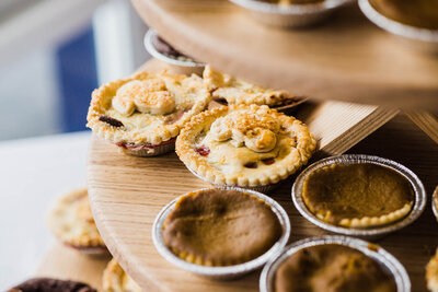 pies on cake stand
