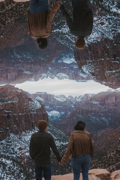 double exposure of a couple holding hands while facing Zion National Park