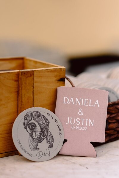 Custom wedding coaster and can cooler