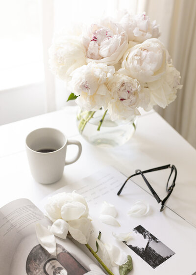 White peony vase coffee lifestyle flatlay